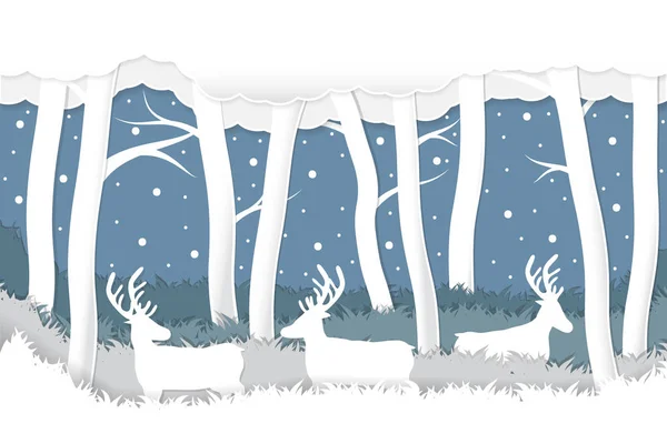 Paper Craft Cut Deer Snow Winter Forest Background — Stock Vector