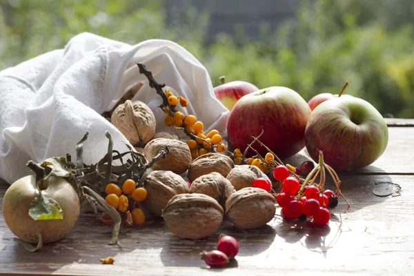 Сельский натюрморт с яблоками, орехами и ягодами — стоковое фото