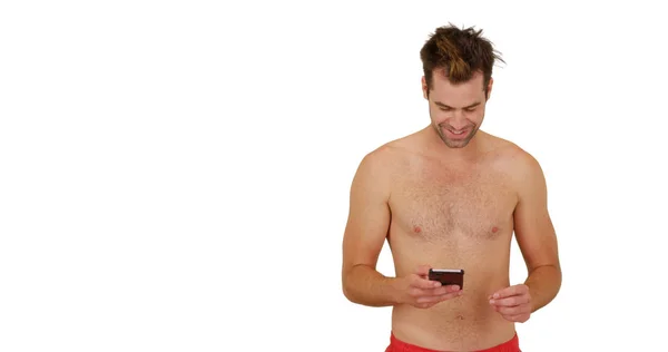 Smartphone Mayo Beyaz Arka Plan Önünde Mutlu Beyaz Adamla Genç — Stok fotoğraf