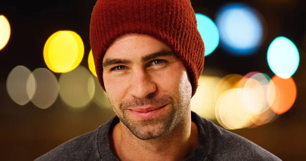 Attractive White Guy Wearing Beanie Smiling Camera — Stock Photo, Image