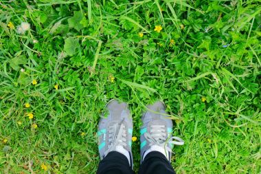 Çimenlerin üzerinde spor ayakkabılar bacaklar