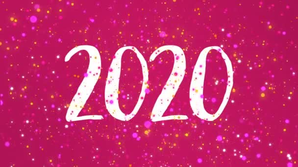 キラキラと幸せな新年2020年グリーティングカードのビデオアニメーション手書きの数字とピンクの背景にちらつきカラフルなキラキラ粒子 — ストック動画