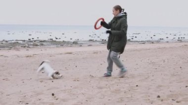 Deniz kıyısında köpekle oynamayı kadın