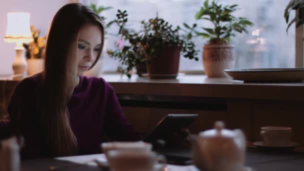 Mujer hermosa con pelo largo utiliza gadget — Vídeo de stock