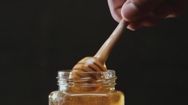 Person dipping honey stick in honey — Stock Video