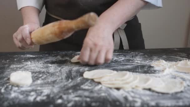 Dokonywanie mięsa dumpling z drewnianym wałkiem. — Wideo stockowe