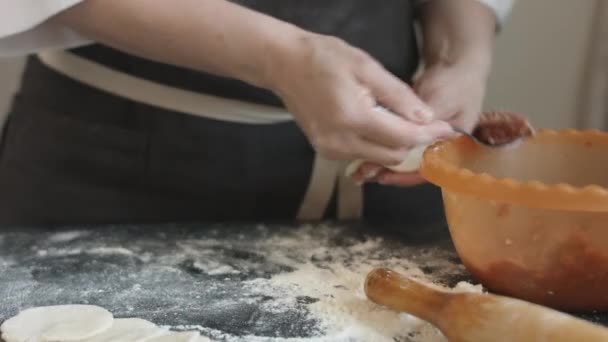 Two hands making meat dumplings. — Stock Video