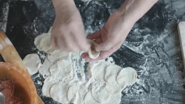 Twee handen vlees dumplings maken. — Stockvideo