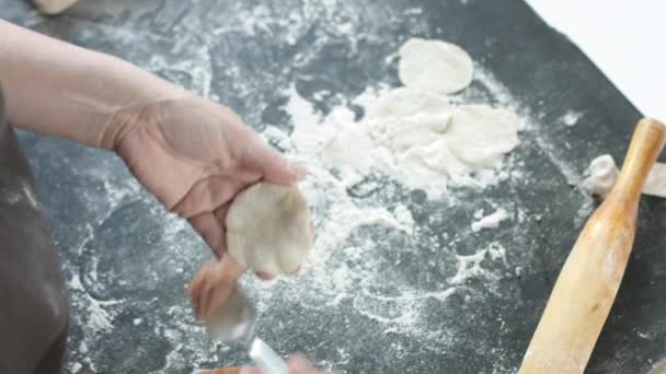 Twee handen vlees dumplings maken. — Stockvideo