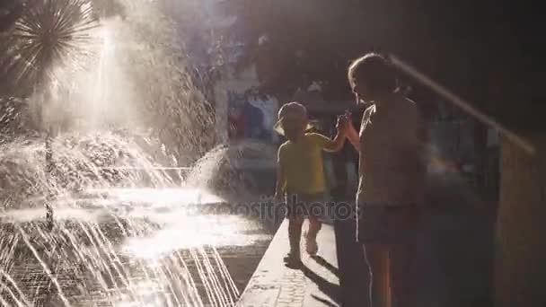 噴水の近くの公園で彼女の子供と母親を歩く — ストック動画