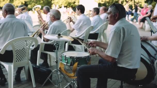 Мужчины играют на музыкальных инструментах в оркестре в парке в летний день — стоковое видео