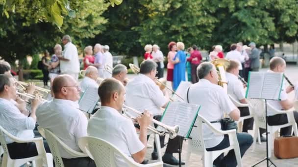 Los hombres tocan instrumentos musicales en la orquesta en el parque en el día de verano — Vídeo de stock