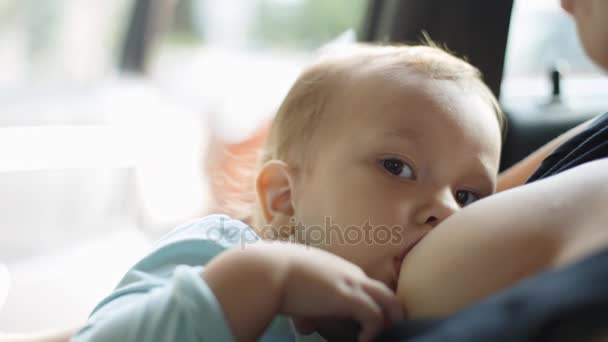 Frau füttert ihr Baby sitzend im Auto. — Stockvideo
