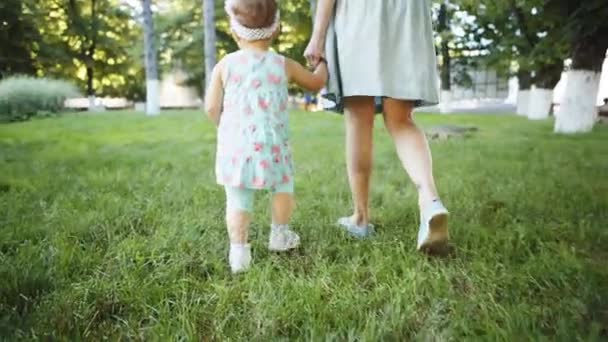 Мати і дитина ходять по траві — стокове відео