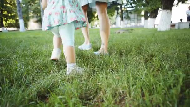 Mor och barn gå på gräset — Stockvideo