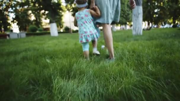 Madre e hijo caminando sobre la hierba — Vídeo de stock