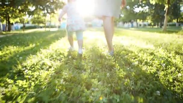 Matka i dziecko, chodzenie na trawie — Wideo stockowe