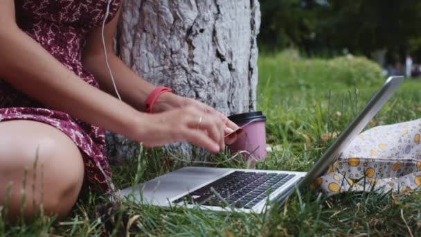 Kobieta płaci za zakupy kartą kredytową przez Internet z laptopem. — Wideo stockowe