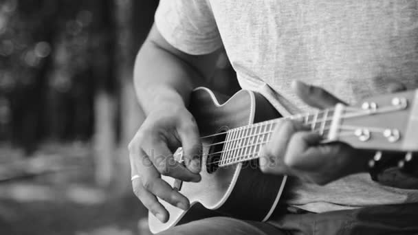 Persona tocando en la pequeña guitarra ukelele — Vídeos de Stock