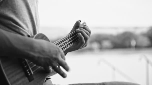 Persona che suona su piccola chitarra ukulele — Video Stock