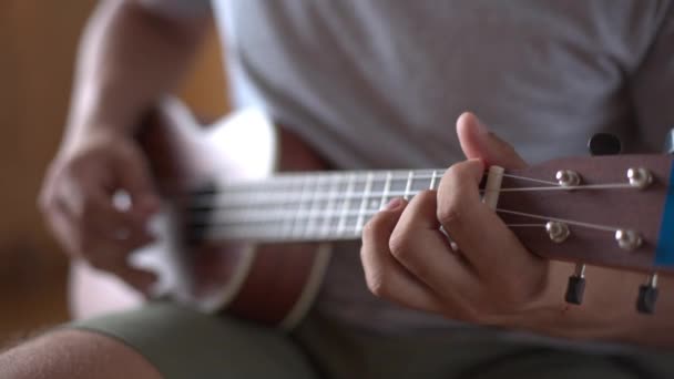 Persona tocando en ukelele guitarra dentro — Vídeos de Stock