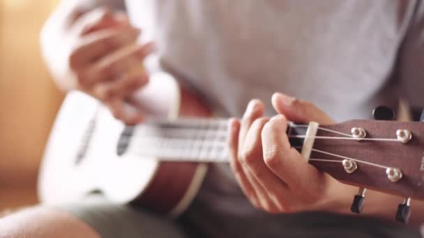 Persona tocando en ukelele guitarra dentro — Vídeos de Stock