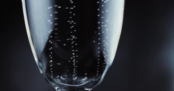 Glasögon med champagne bubblor på mörk bakgrund — Stockvideo