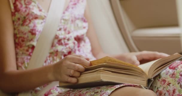 Fille enthousiaste livre de lecture en voiture en voyage — Video