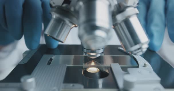 Imagem de perto dos estudos científicos que examinam a amostra de ensaio ao microscópio . — Vídeo de Stock