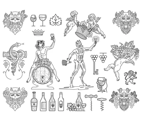 Insignias de vino e iconos haz negro sobre blanco — Archivo Imágenes Vectoriales