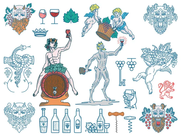 Emblemas de vinho e ícones pacote colorido — Vetor de Stock