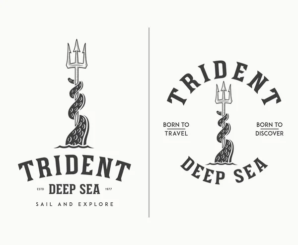 Zwart op wit trident diepzee reizen en ontdekken — Stockvector