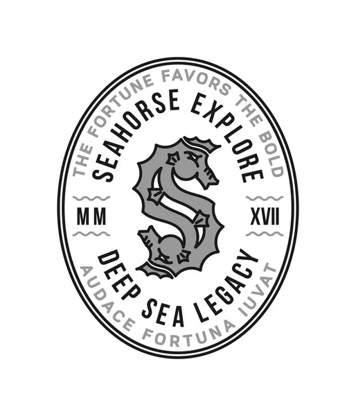 Zwart op wit seahorse badge vectorillustratie met letter S — Stockvector