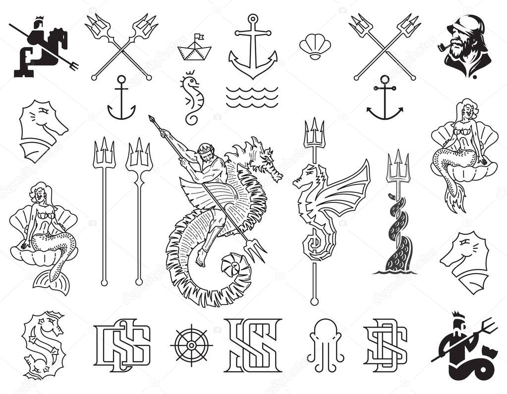 Black on White Vector Marina adventure Sea Bundle for any use