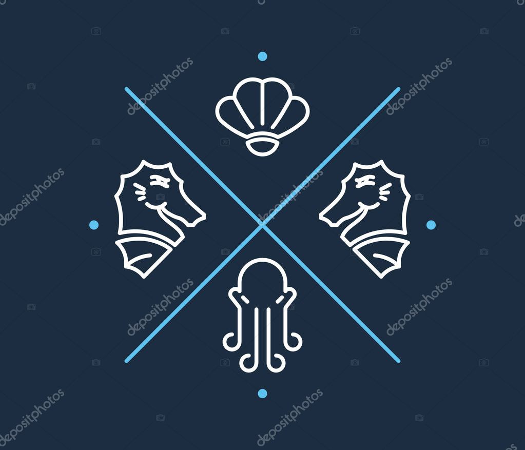 Vector illustration depicting two seahorses a shell and an octopus