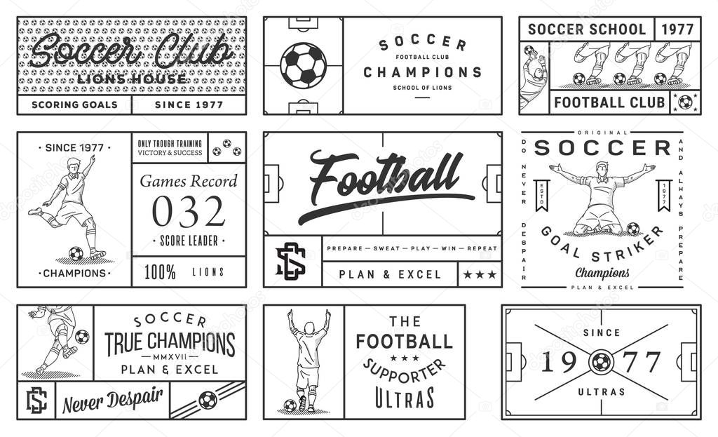 It's a black on white background vector collection of soccer badges and labels