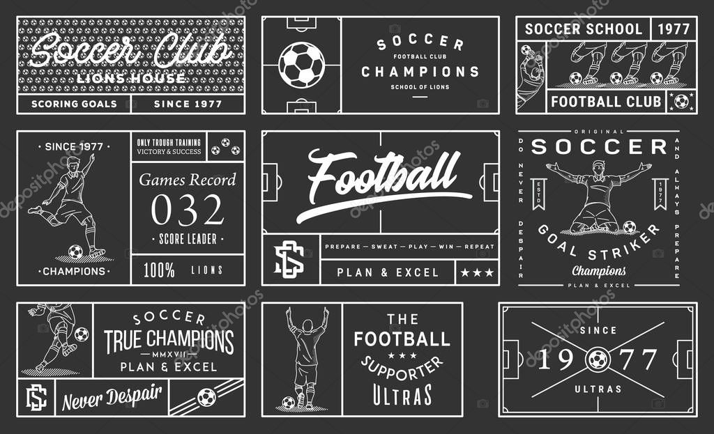 It's a white on black background vector collection of simple football badges and crests