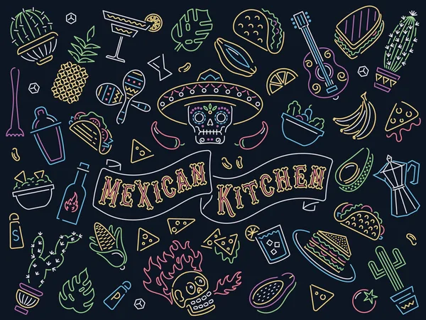 Cuisine mexicaine nourriture et icônes dans le style néon Vecteur En Vente