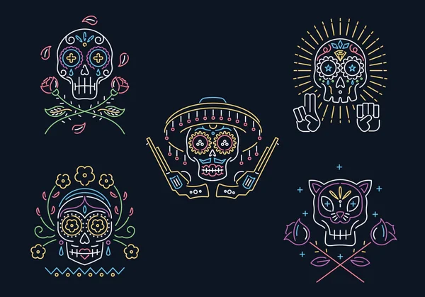 Day Of The Dead vektor neon koponyák készlet — Stock Vector