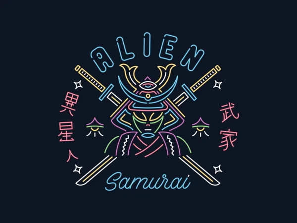 Японський іншопланетянин Самураї в неоновому стилі. — стоковий вектор