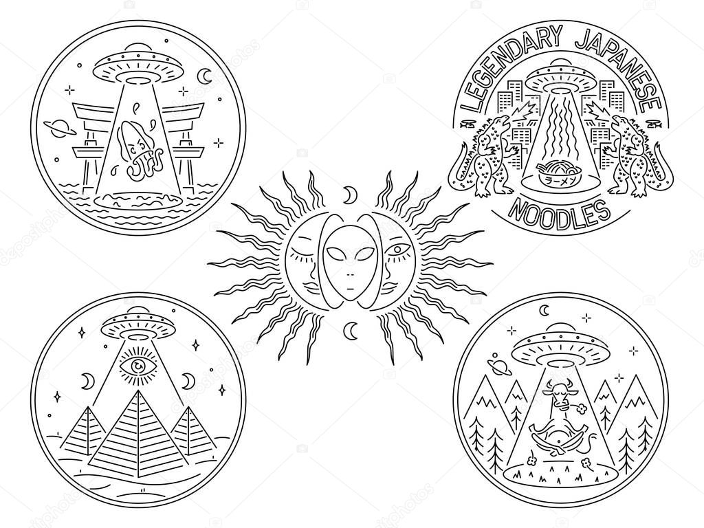 Black Aliens and UFO's vector illustration on white background