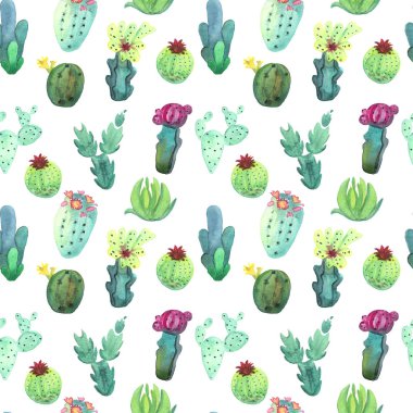 Suluboya kaktüs seamless modeli. Renkli canlı kaktüs succulents
