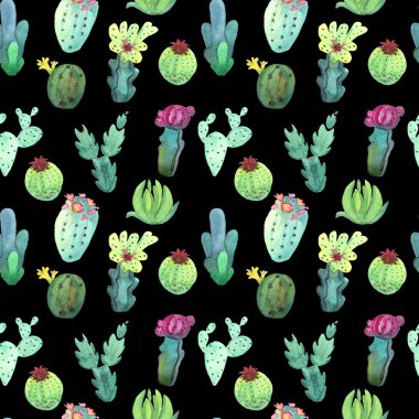 Suluboya kaktüs seamless modeli. Renkli canlı kaktüs succulents