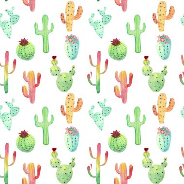 Suluboya kaktüs seamless modeli. Renkli canlı kaktüs succulents