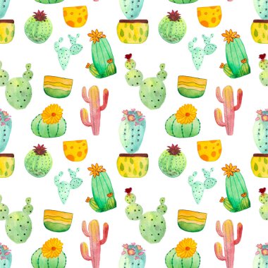 Suluboya kaktüs seamless modeli. Renkli canlı kaktüs succulents