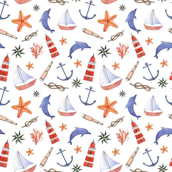 Watercolor hand drawn sea nautical seamless pattern — Stock Photo, Image