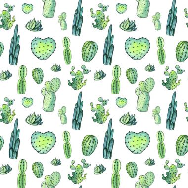 Suluboya kaktüs seamless modeli. Renkli canlı kaktüs succulents