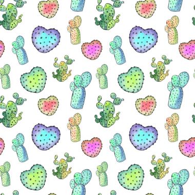 Suluboya kaktüs seamless modeli. Renkli canlı kaktüs succulents