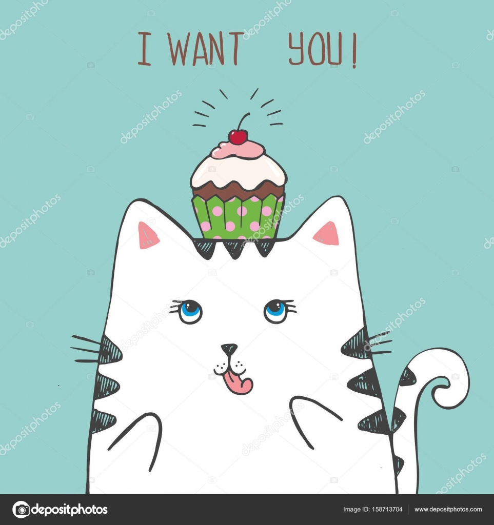 Freehand Cat With Cake On His Head Stock Vector Image By C Caupona