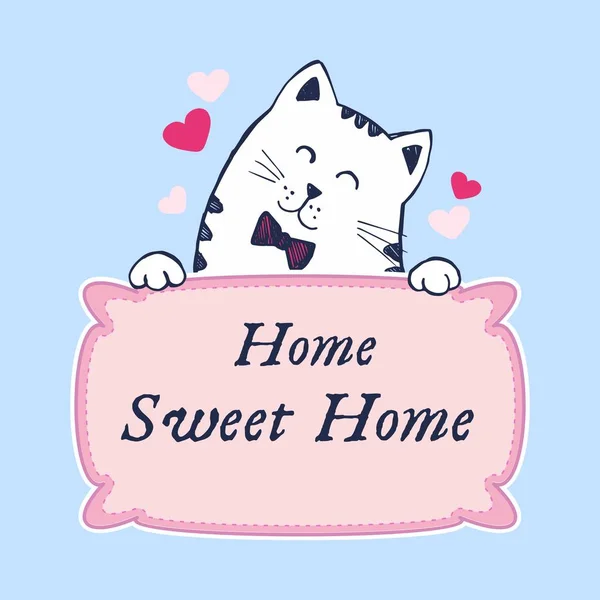 Hand drawn sketch white cat sitting behind plate "Home sweet home". — Stock Vector